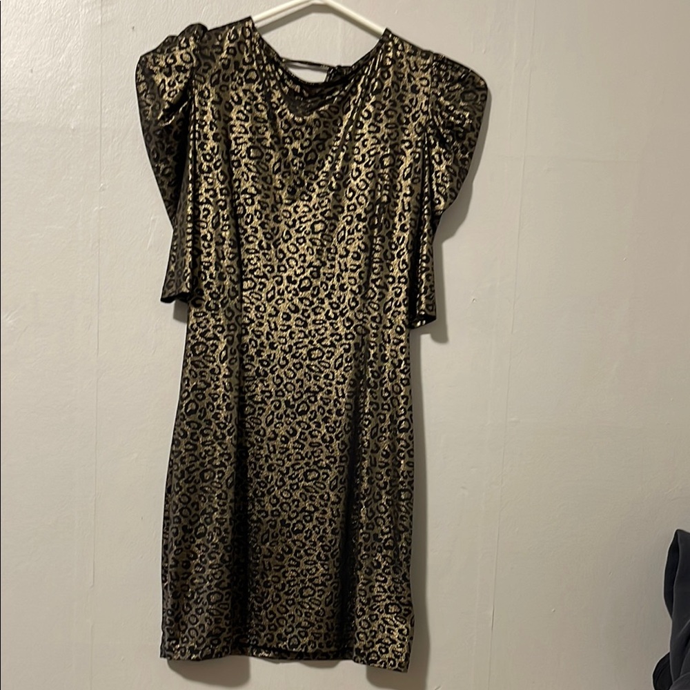 New vintage 2000s guess metallic leopard mini dress with sleeves and cut out bac